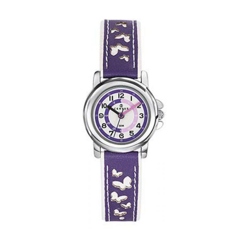 MONTRE CERTUS ENFANT EN CUIR VIOLET AVEC PAPILLON CADRAN PEDAGOGIQUE