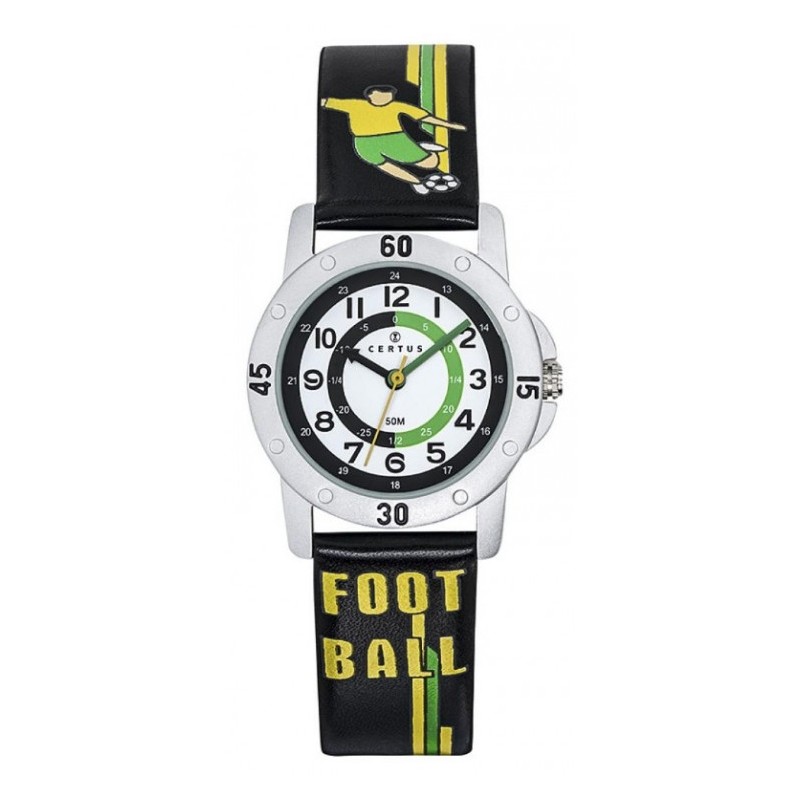 MONTRE CERTUS ENFANT EN CUIR NOIR FOOTBALL CADRAN PEDAGOGIQUE