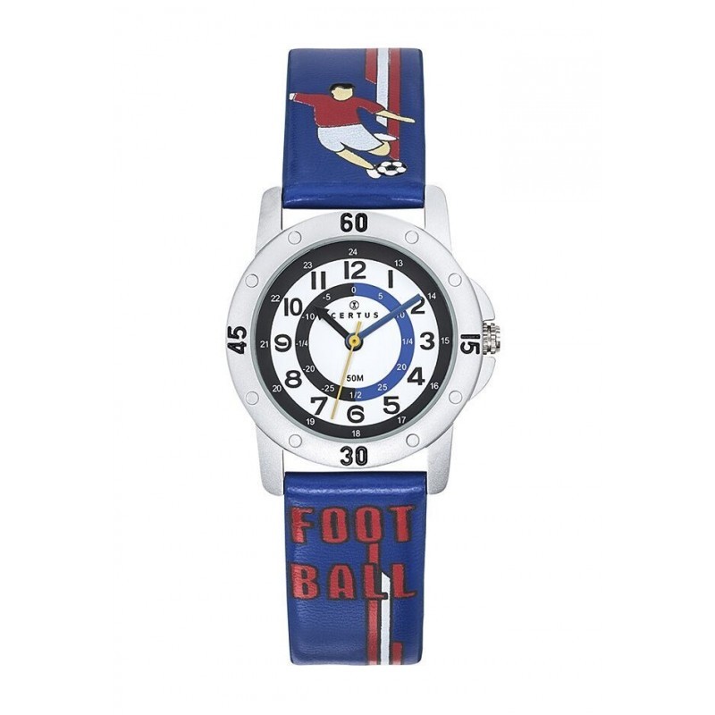 MONTRE CERTUS ENFANT EN CUIR BLEU FOOTBALL CADRAN PEDAGOGIQUE