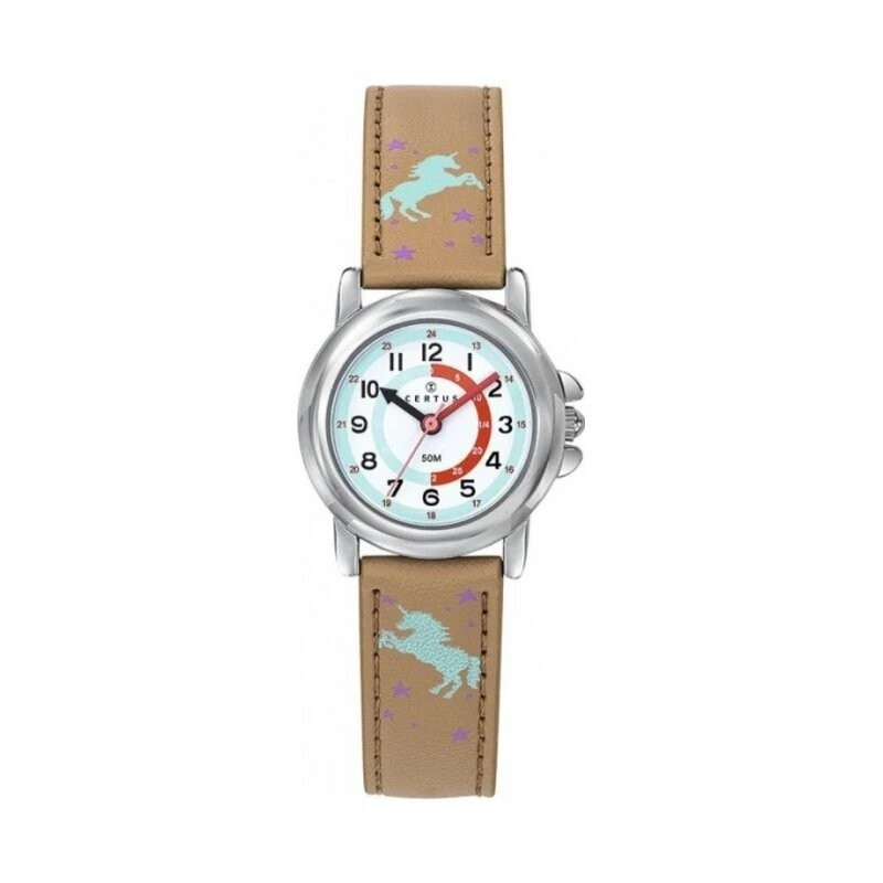 MONTRE CERTUS ENFANT EN CUIR MARRON CLAIR LICORNE CADRAN PEDAGOGIQUE