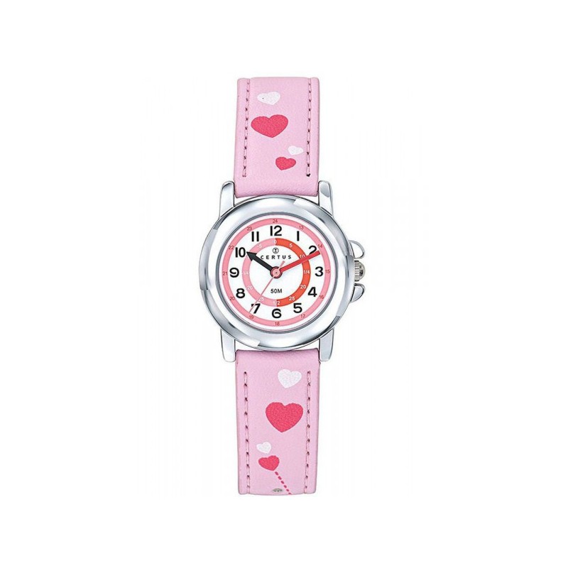 MONTRE CERTUS ENFANT EN CUIR ROSE AVEC COEURS CADRAN PEDAGOGIQUE