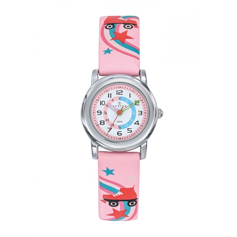 MONTRE CERTUS ENFANT EN CUIR ROSE AVEC MOTIF ROLLER CADRAN PEDAGOGIQUE