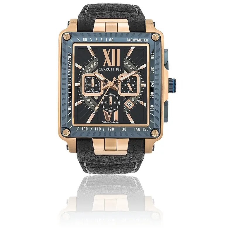 MONTRE CERRUTI 1881 HOMME BRACELET CUIR NOIR CADRAN CARRE CHRONOGRAPHE