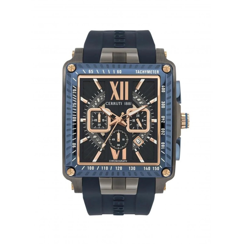 MONTRE CERRUTI 1881 HOMME BRACELET SILICONE BLEU MARINE CADRAN CARRE CHRONOGRAPHE