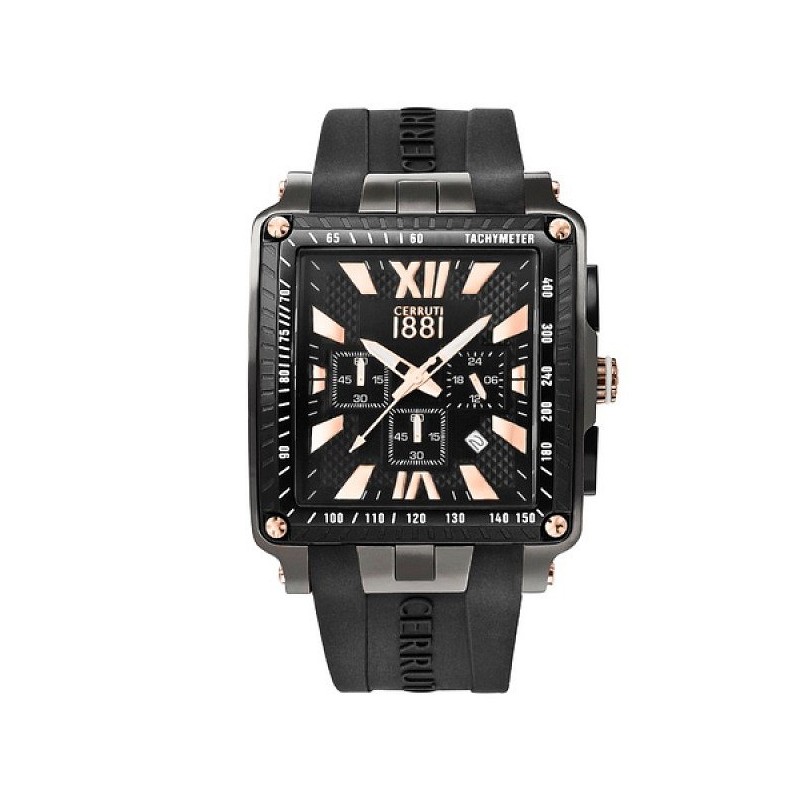 MONTRE CERRUTI 1881 HOMME BRACELET SILICONE NOIR CADRAN CARRE INDEX DORE ROSE CHRONOGRAPHE