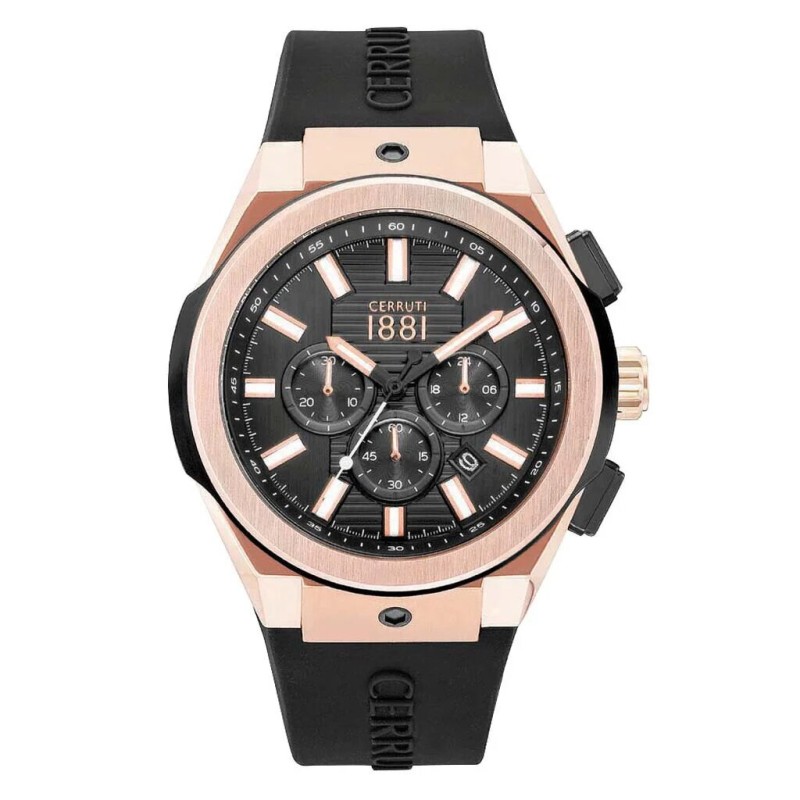 MONTRE CERRUTI 1881 RUSCELLO HOMME BRACELET SILICONE NOIR CADRAN  DORE ROSE CHRONOGRAPHE
