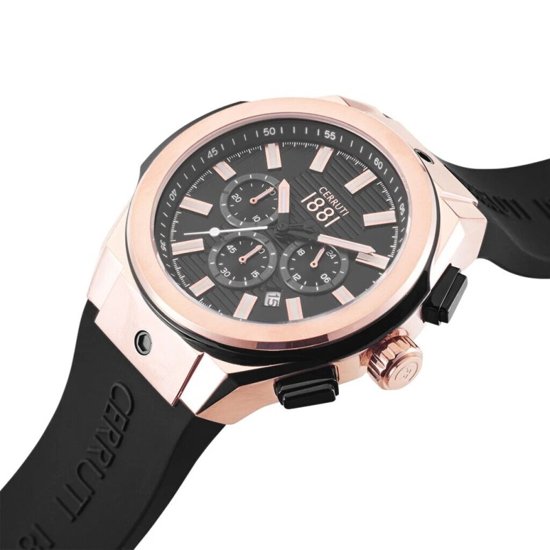 MONTRE CERRUTI 1881 RUSCELLO HOMME BRACELET SILICONE NOIR CADRAN  DORE ROSE CHRONOGRAPHE