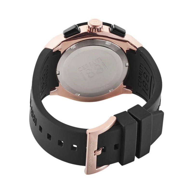 MONTRE CERRUTI 1881 RUSCELLO HOMME BRACELET SILICONE NOIR CADRAN  DORE ROSE CHRONOGRAPHE