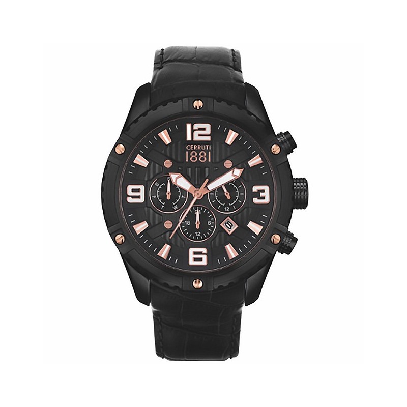 MONTRE CERRUTI 1881 LAPONTE HOMME BRACELET CUIR NOIR  INDEX DORE ROSE CHRONOGRAPHE