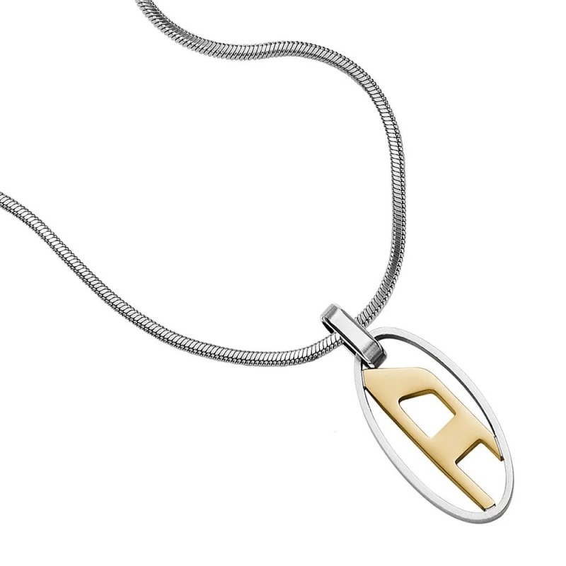 Collier Homme Diesel pendentif logo doré en acier argenté