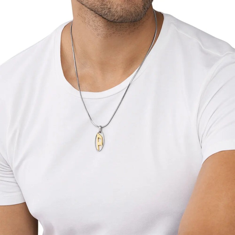 Collier Homme Diesel pendentif logo doré en acier argenté