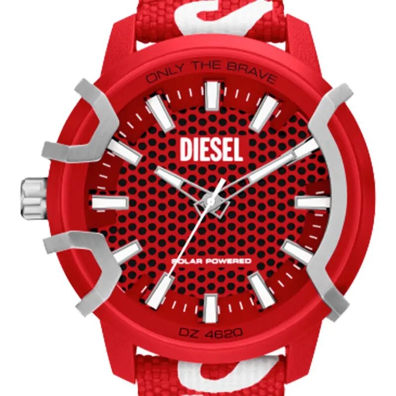 MONTRE HOMME DIESEL SOLAIRE EN TISSU ROUGE AVEC INDEX CHEMIN DE FER
