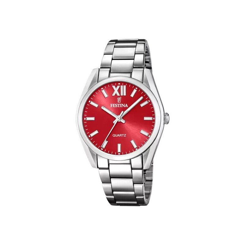 Montre Festina Femme Bracelet en Acier Argenté Cadran Rouge