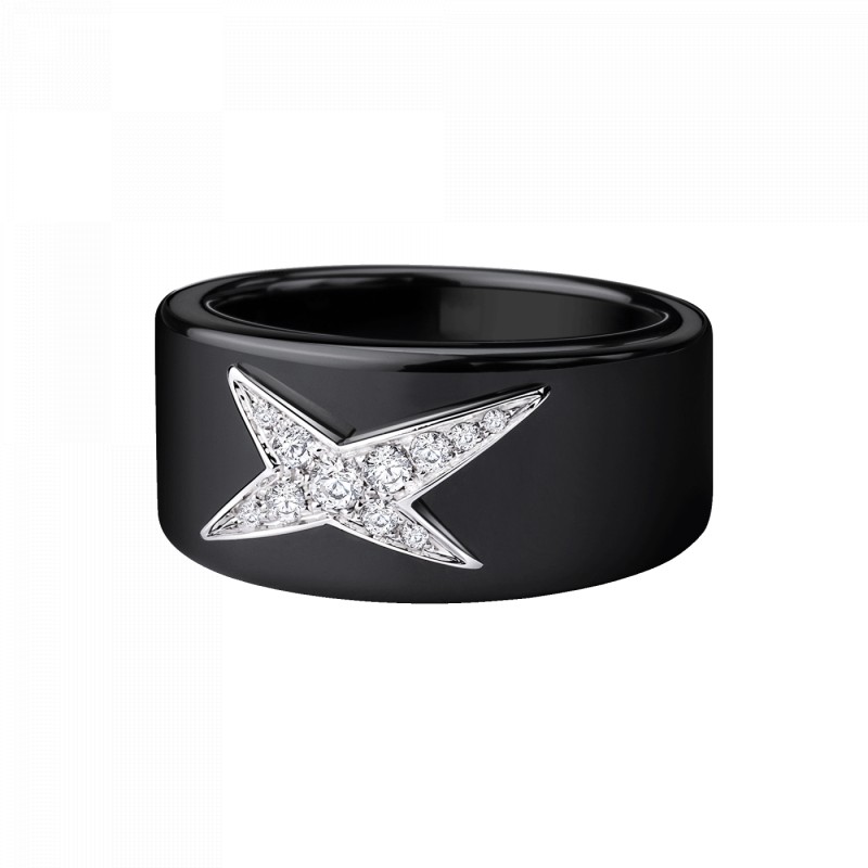 BAGUE FEMME MAUBOUSSIN "ETOILE DU DEMON" EN CERAMIQUE NOIRE  OR BLANC 750/000 ET DIAMANTS
