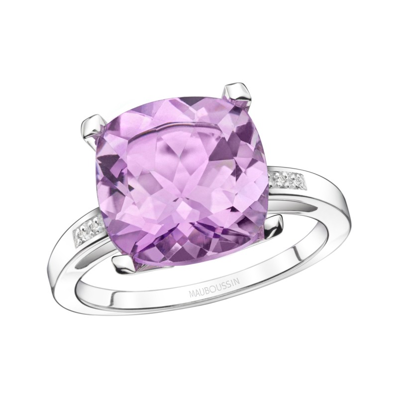 BAGUE FEMME MAUBOUSSIN "PETIT VISAGE D'AMOUR" EN OR BLANC 750/000 AMETHYSTE ET DIAMANTS
