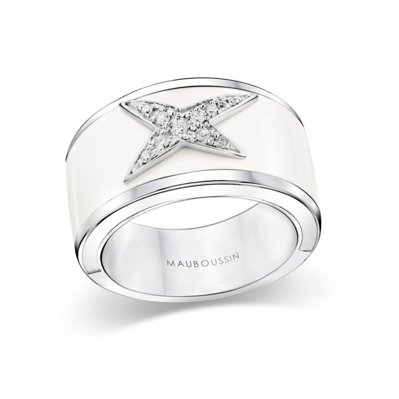 BAGUE FEMME MAUBOUSSIN "LA STAR DE LA COTE D'AZUR" EN ARGENT OR BLANC 750/000 LAQUE BLANCHE ET DIAMANTS