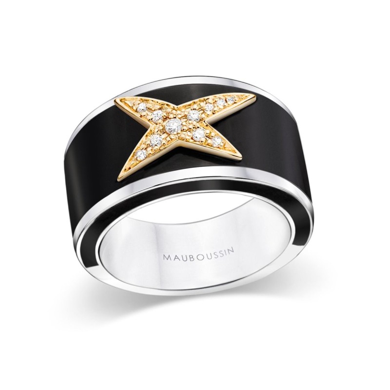 BAGUE FEMME MAUBOUSSIN "LA STAR DE LA COTE D'AZUR" EN ARGENT OR JAUNE 750/000 LAQUE NOIRE ET DIAMANTS
