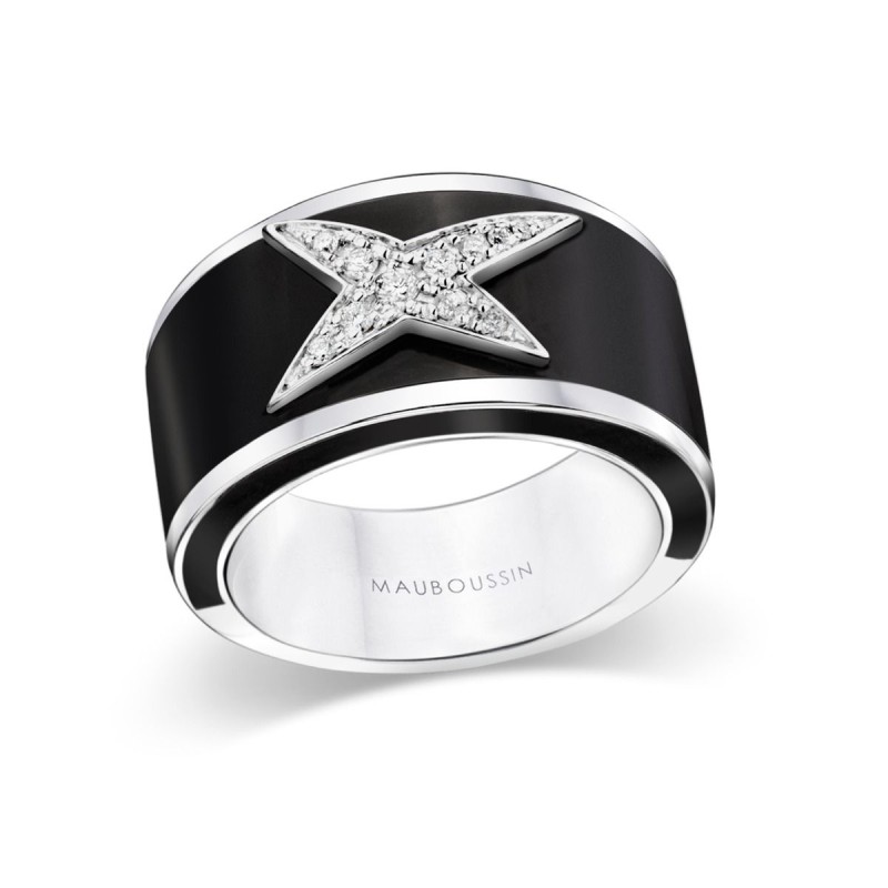 BAGUE FEMME MAUBOUSSIN "LA STAR DE LA COTE D'AZUR" EN ARGENT OR BLANC 750/000 LAQUE NOIRE ET DIAMANTS