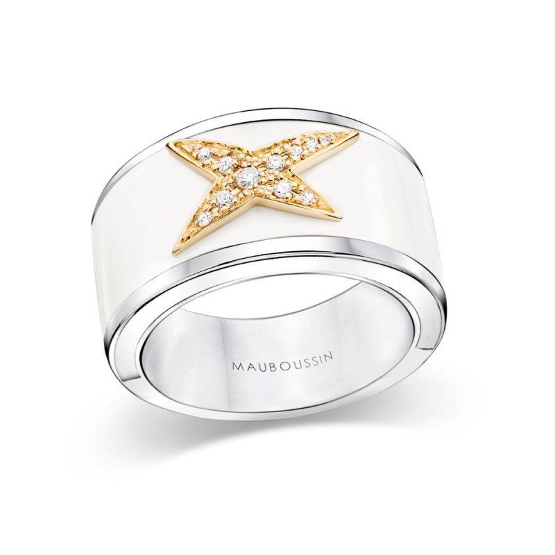 BAGUE FEMME MAUBOUSSIN "LA STAR DE LA COTE D'AZUR" EN ARGENT OR JAUNE 750/000 LAQUE BLANCHE ET DIAMANTS