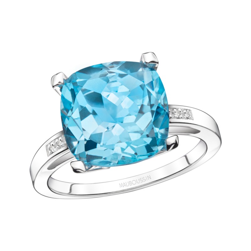 BAGUE FEMME MAUBOUSSIN "PETIT VISAGE D'AMOUR" EN OR BLANC 750/000 TOPAZE BLEUE ET DIAMANTS