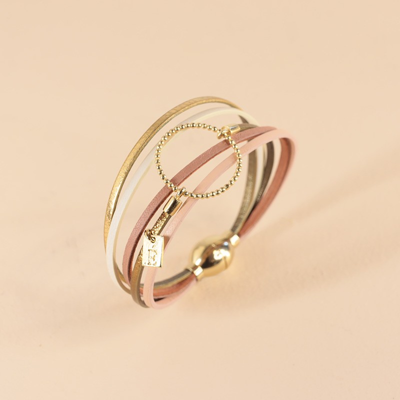 BRACELET FEMME FLOWERS FOR ZOE ANNABELLE LET IT BE  EN ARGENT DORE ET CUIR 17 CM