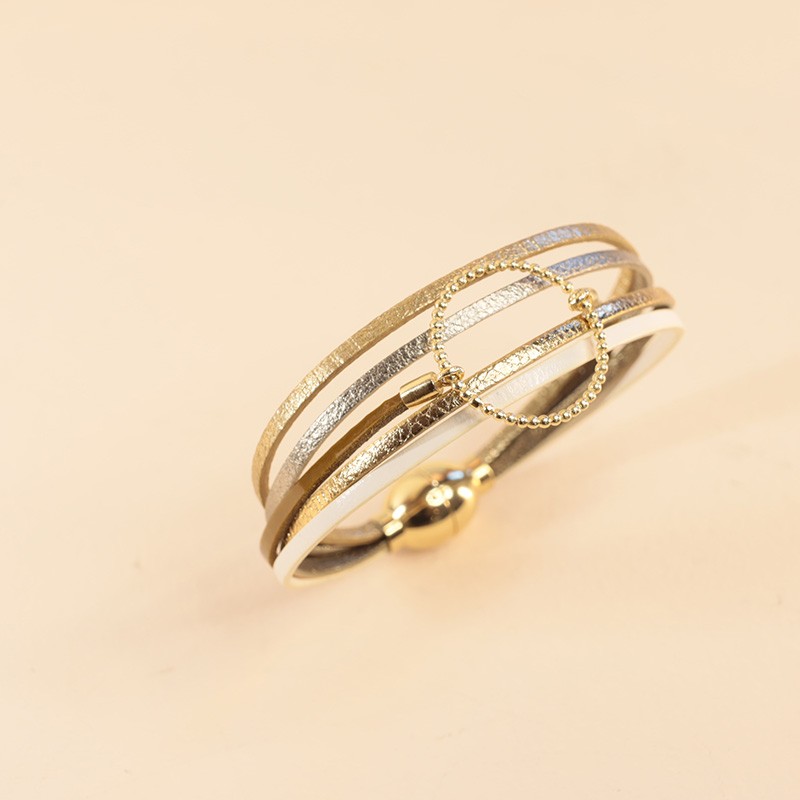 BRACELET FEMME FLOWERS FOR ZOE ANNABELLE MY WAY  EN ARGENT DORE ET CUIR 18 CM