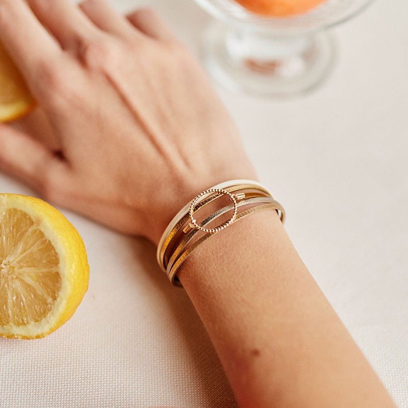 BRACELET FEMME FLOWERS FOR ZOE ANNABELLE MY WAY  EN ARGENT DORE ET CUIR 18 CM