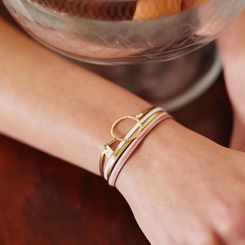 BRACELET FEMME FLOWERS FOR ZOE ANNABELLE LET IT BE  EN ARGENT DORE ET CUIR 18 CM