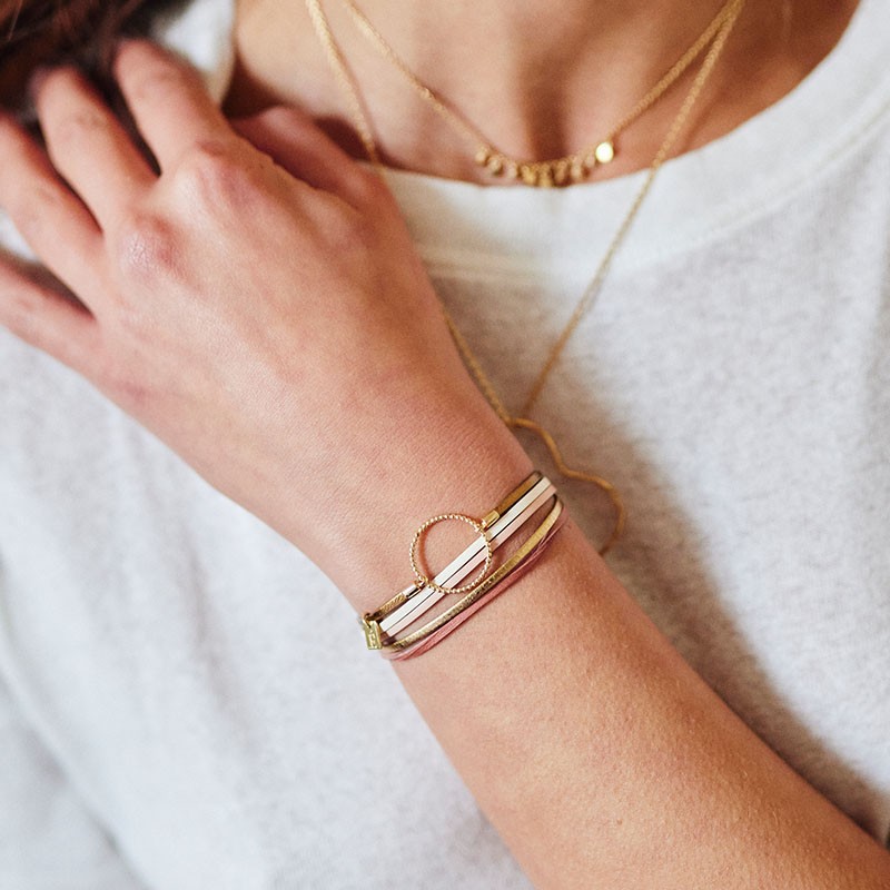 BRACELET FEMME FLOWERS FOR ZOE ANNABELLE LET IT BE  EN ARGENT DORE ET CUIR 18 CM