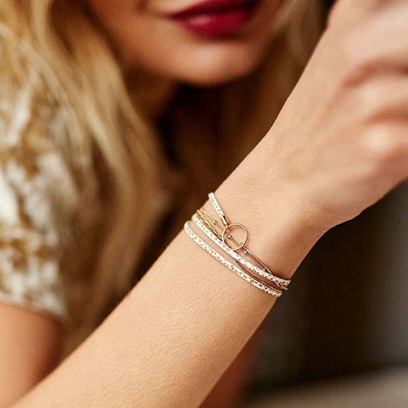 BRACELET FEMME FLOWERS FOR ZOE CLOVER SABLE LEO EN ARGENT DORE ET CUIR 18 CMN