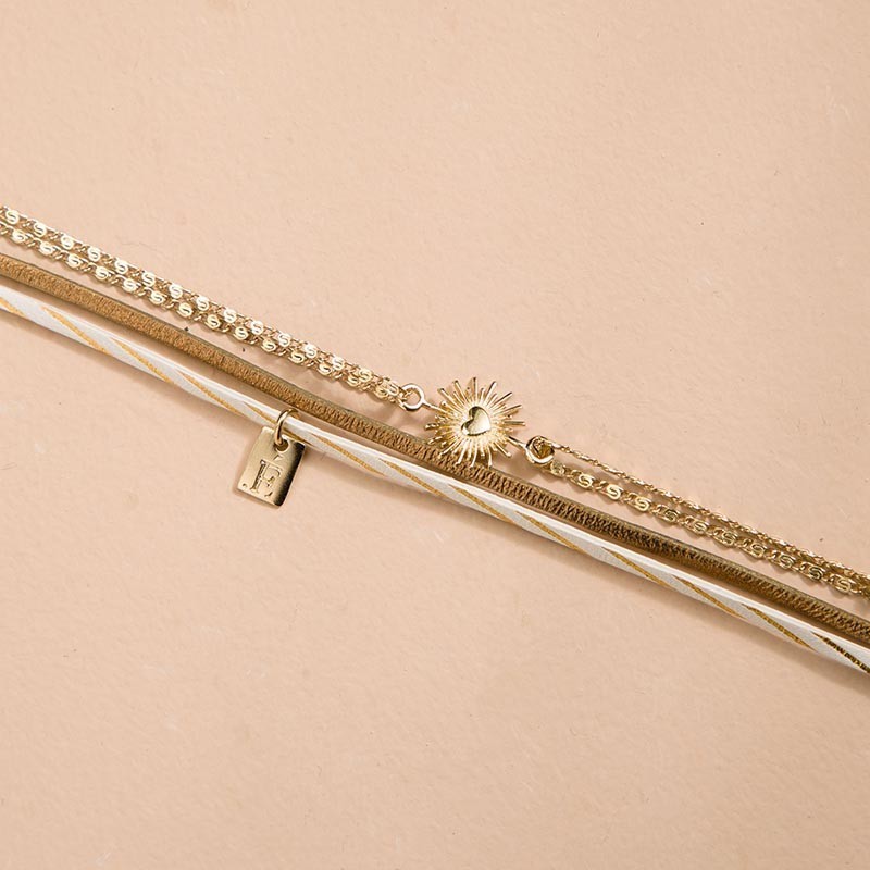 BRACELET FEMME FLOWERS FOR ZOE BALSAM  EN ARGENT DORE ET CUIR 17 CMN