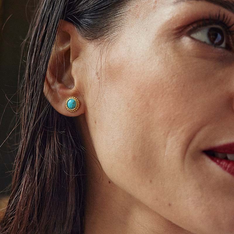 BOUCLES D'OREILLES CLOUS FLOWERS FOR ZOE ELEANOR EN ARGENT DORE ET TURQUOISE