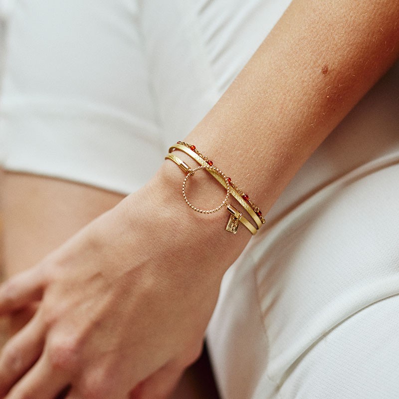 BRACELET FEMME FLOWERS FOR ZOE ENOLA METALLIC GOLD ET CORNALINE EN ARGENT DORE ET CUIR 17 CM