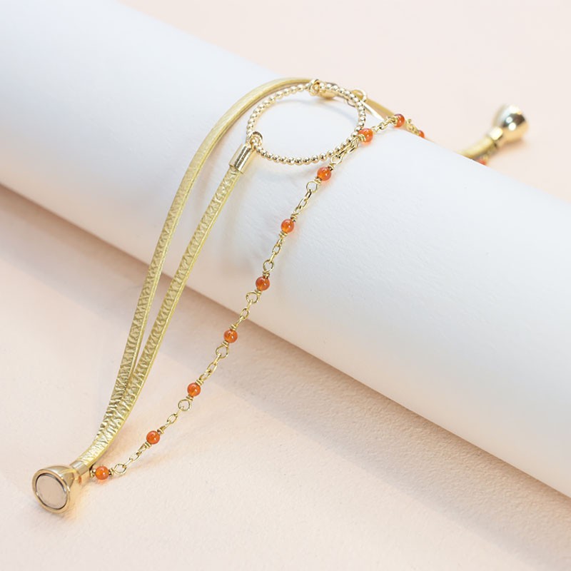 BRACELET FEMME FLOWERS FOR ZOE ENOLA METALLIC GOLD ET CORNALINE EN ARGENT DORE ET CUIR 17 CM