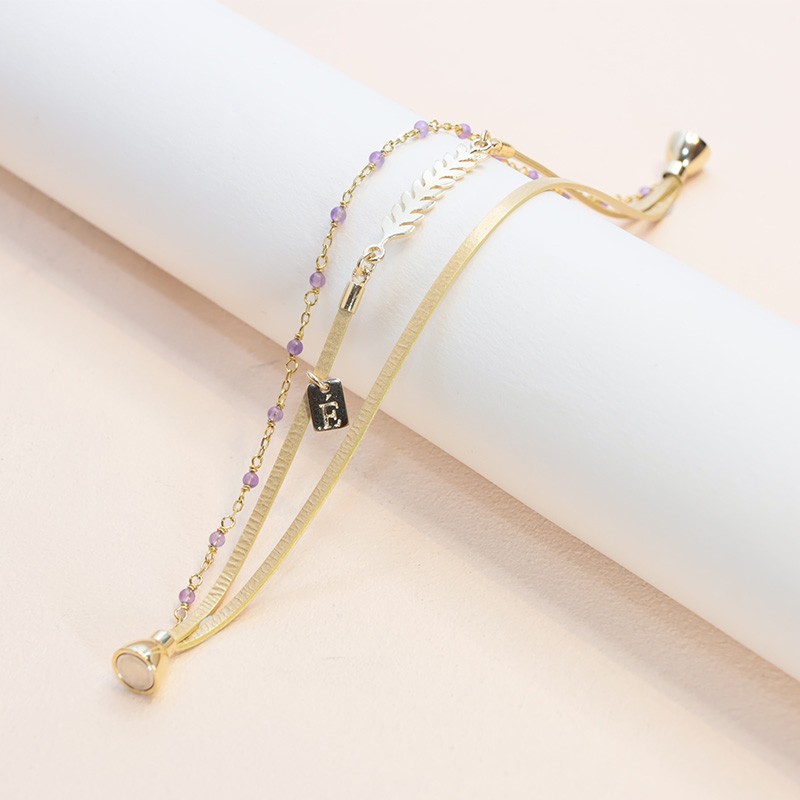 BRACELET FEMME FLOWERS FOR ZOE SERENDI GOLDEN EN ARGENT DORE  CUIR ET AMETHYSTES 18 CM