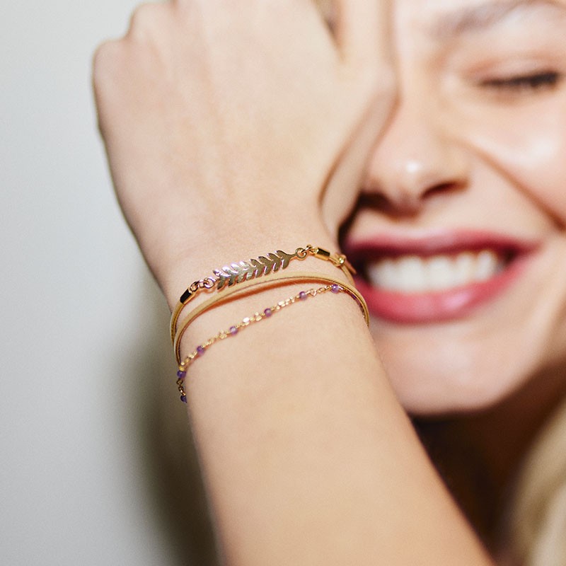 BRACELET FEMME FLOWERS FOR ZOE SERENDI GOLDEN EN ARGENT DORE  CUIR ET AMETHYSTES 18 CM