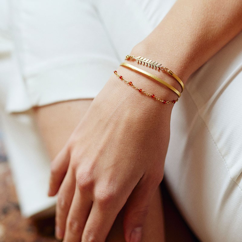 BRACELET FEMME FLOWERS FOR ZOE SERENDI METALLIC GOLD CORNALINE EN ARGENT DORE  CUIR 17 CM