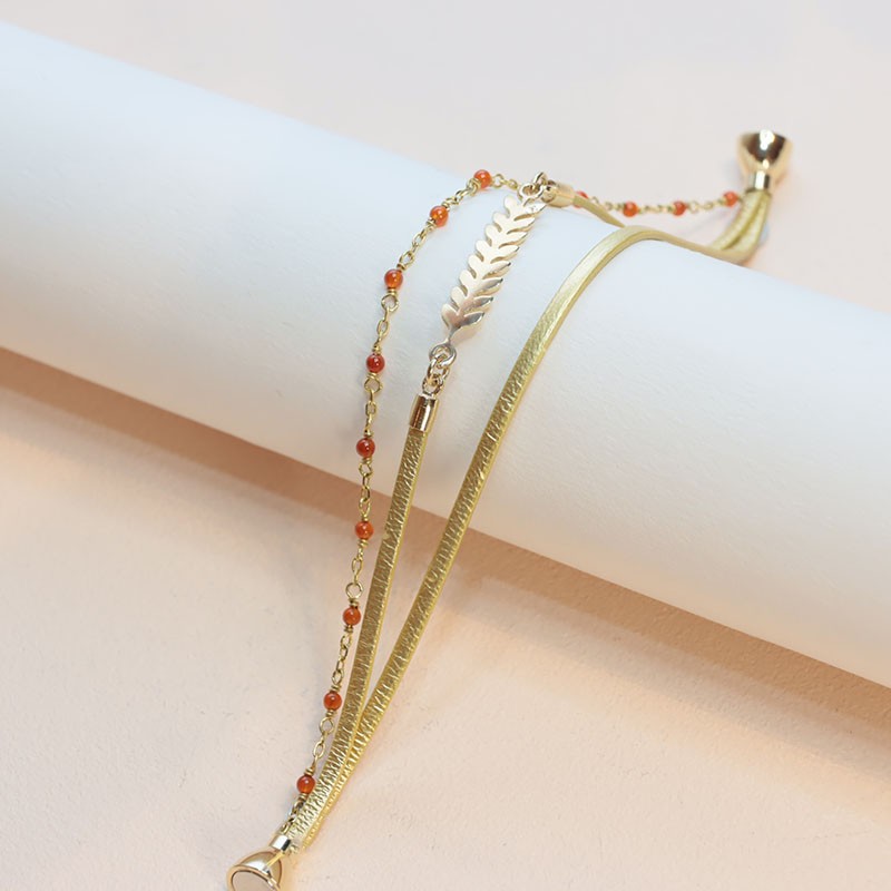 BRACELET FEMME FLOWERS FOR ZOE SERENDI METALLIC GOLD CORNALINE EN ARGENT DORE  CUIR 18 CM