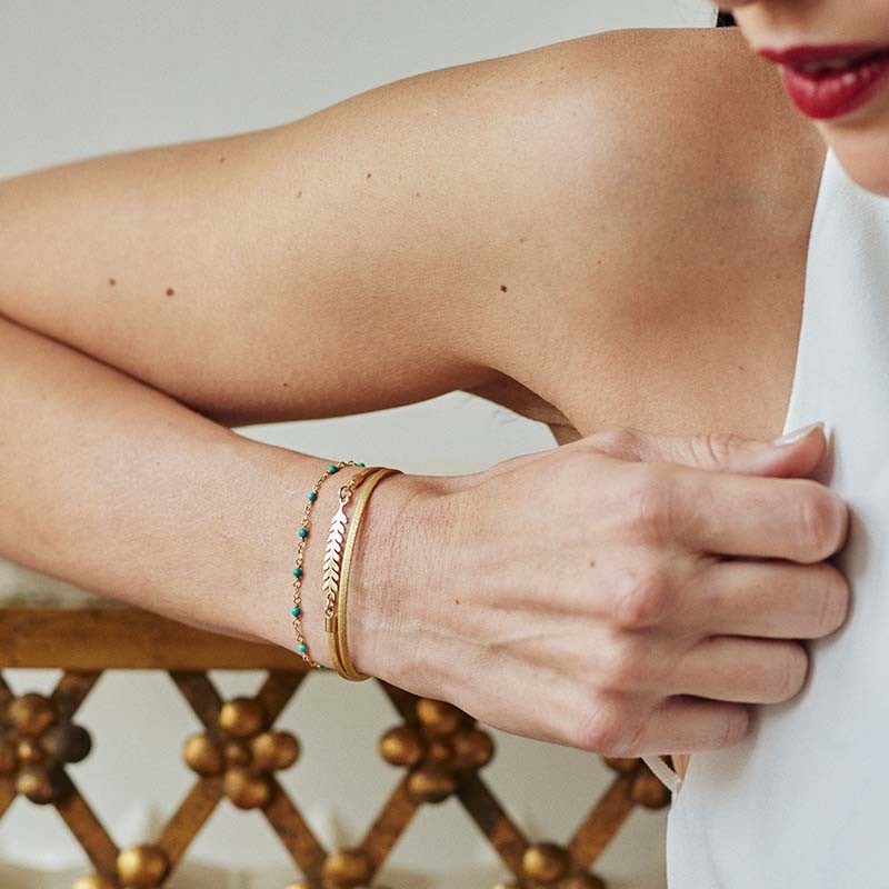 BRACELET FEMME FLOWERS FOR ZOE SERENDI METALLIC GOLD TURQUOISE EN ARGENT DORE  CUIR 18 CM