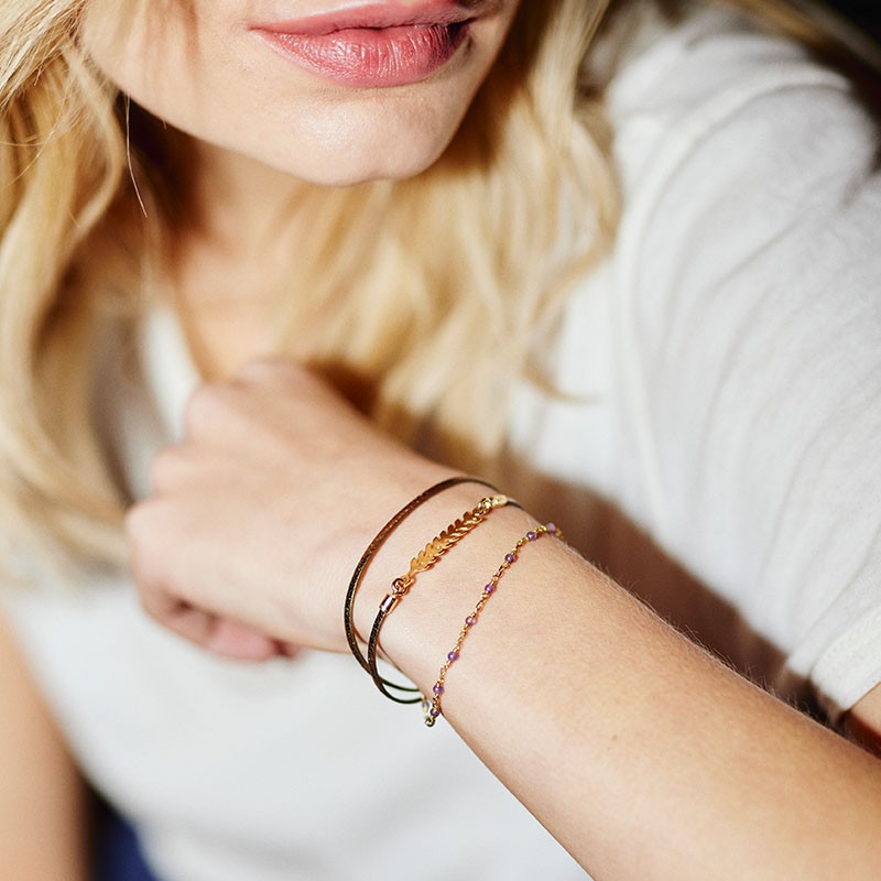 BRACELET FEMME FLOWERS FOR ZOE SERENDI METALLIC BROWN AMETHYSTE EN ARGENT DORE  CUIR 17 CM