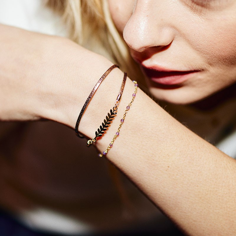 BRACELET FEMME FLOWERS FOR ZOE SERENDI METALLIC BROWN AMETHYSTE EN ARGENT DORE  CUIR 17 CM