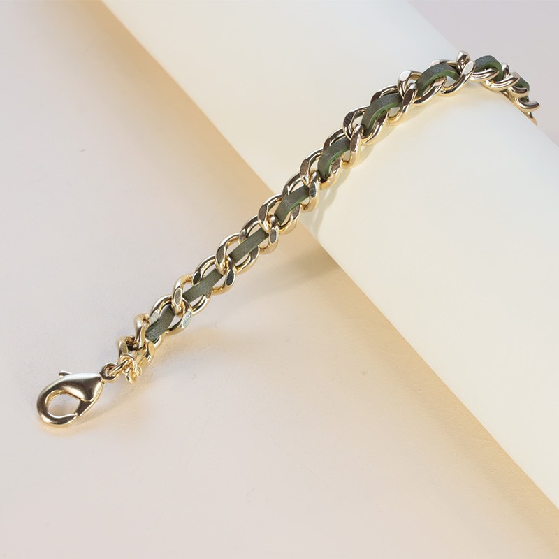 BRACELET FEMME FLOWERS FOR ZOE ROBIN OLIVE VERNIS EN ARGENT DORE ET CUIR VERT 17.5 CM