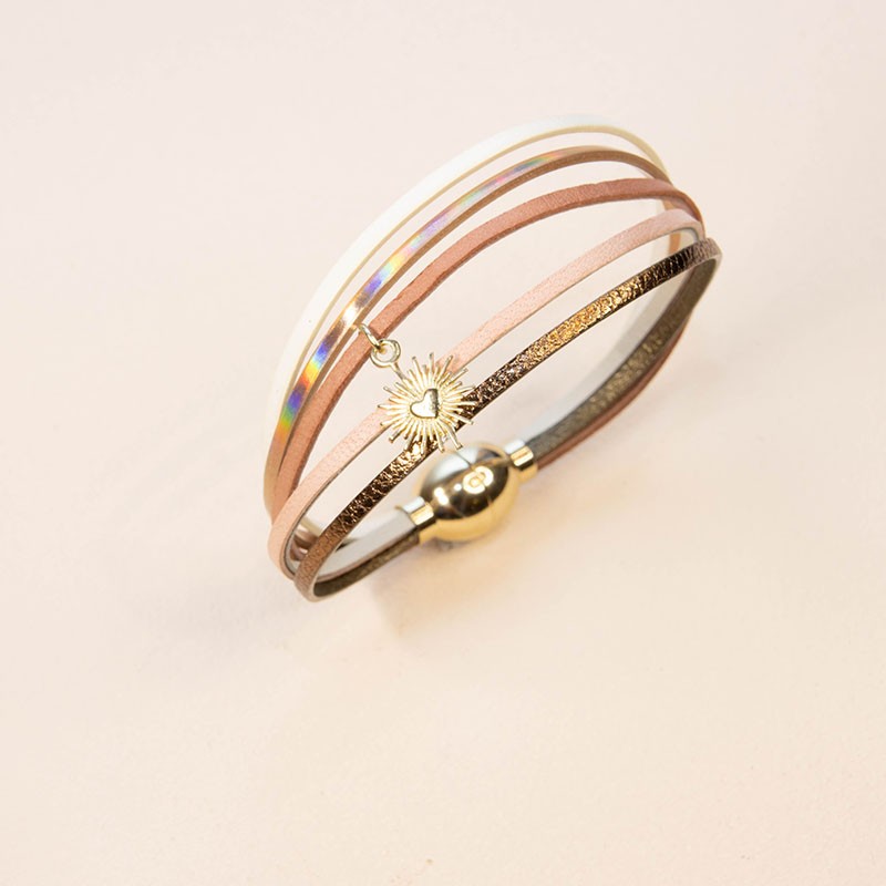 BRACELET FEMME FLOWERS FOR ZOE RAPHAEL LET IT BE EN ARGENT DORE ET 5 LIENS EN CUIR 18 CM