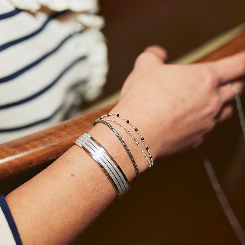 BRACELET FEMME FLOWERS FOR ZOE ORPHEE ARGENT SPARKLING EN ARGENT  CUIR ARGENTE ET AGATE NOIRE 17 CM