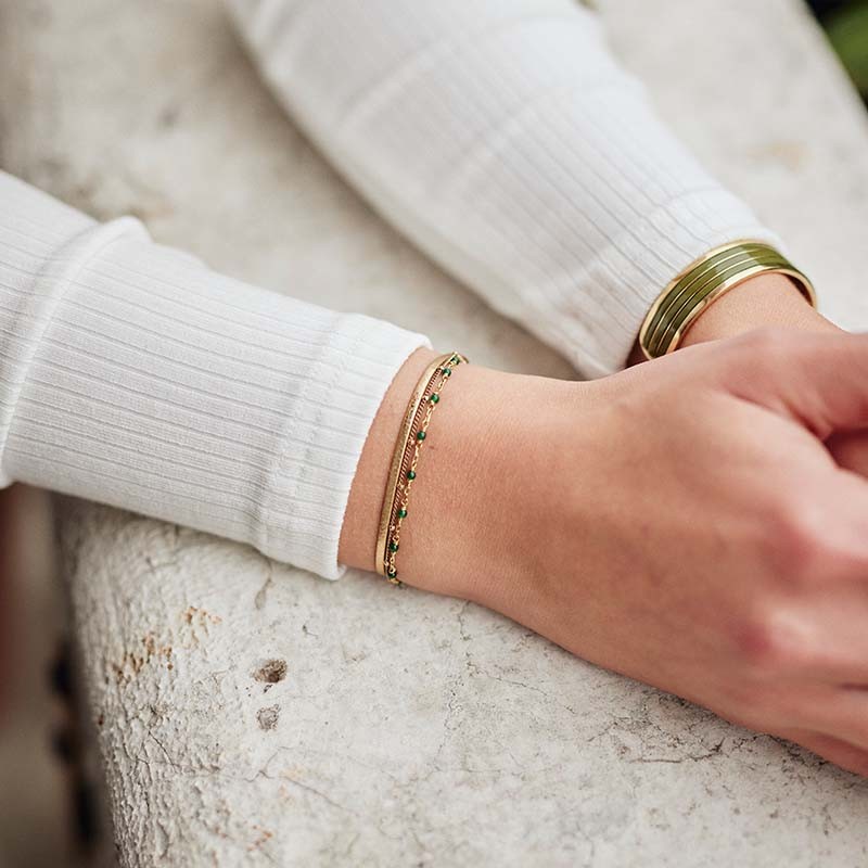 BRACELET FEMME FLOWERS FOR ZOE ORPHEE METALLIC GOLD EN ARGENT DORE  CUIR DORE ET JADE 18 CM