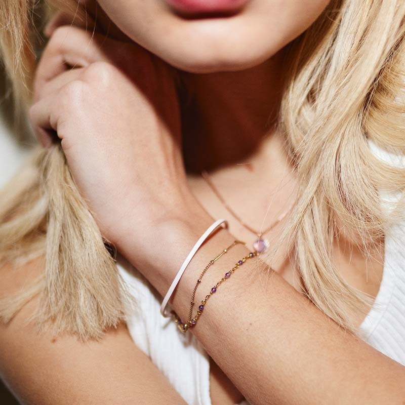 BRACELET FEMME FLOWERS FOR ZOE ORPHEE ROSE PETALE EN ARGENT DORE  CUIR ROSE PALE ET AMETHYSTE 18 CM