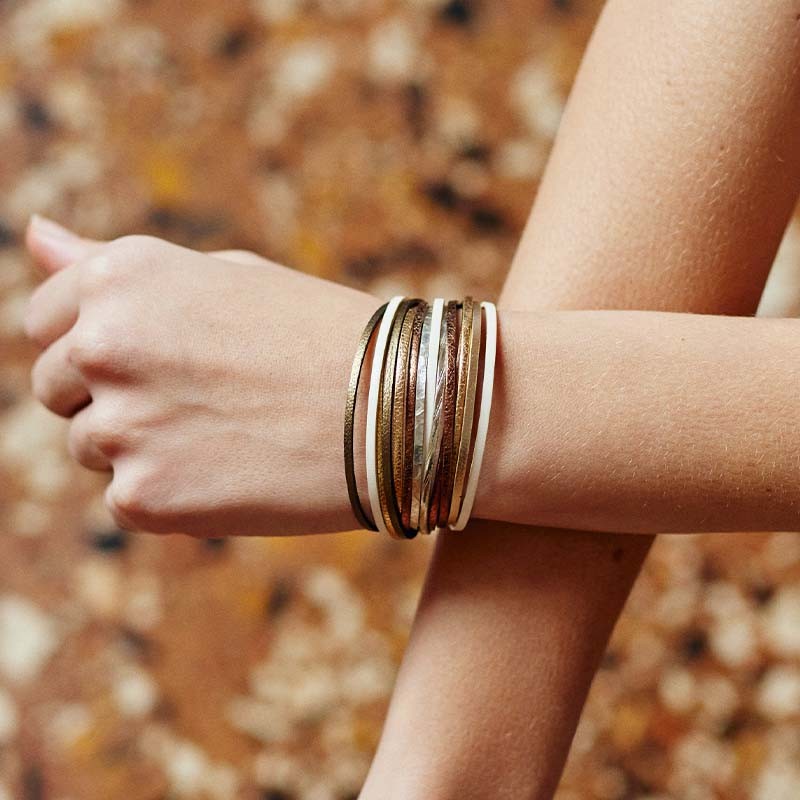 BRACELET FEMME FLOWERS FOR ZOE PEONY LUXE MY WAY EN ARGENT DORE CUIR 17.5 CM