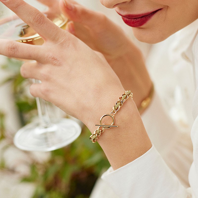 BRACELET FEMME FLOWERS FOR ZOE VALENTIN VERT TILLEUL EN ARGENT DORE ET CUIR 18  CM