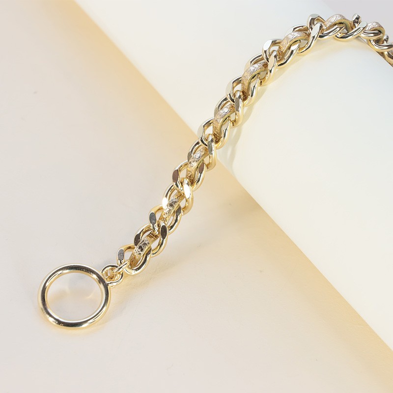 BRACELET FEMME FLOWERS FOR ZOE VALENTIN METALLIC GOLD EN ARGENT DORE ET CUIR 17 CM