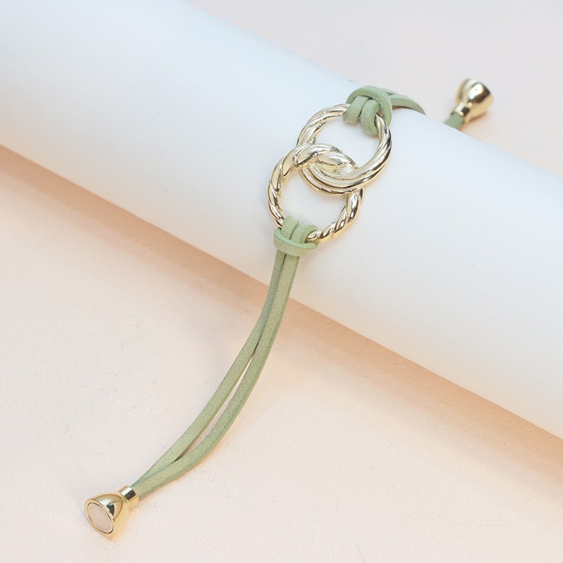 BRACELET FEMME FLOWERS FOR ZOE LLIONA VERT TILLEUL EN ARGENT DORE ET CUIR VERT 17 CM